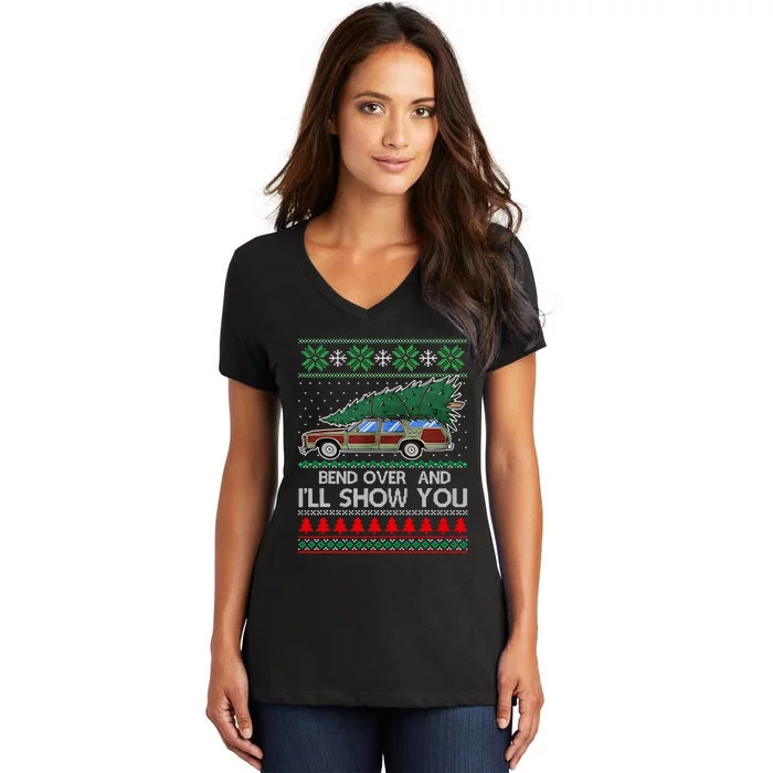 Bend Over and I'll Show You Christmas Couple Matching Family Women's V-Neck T-Shirt