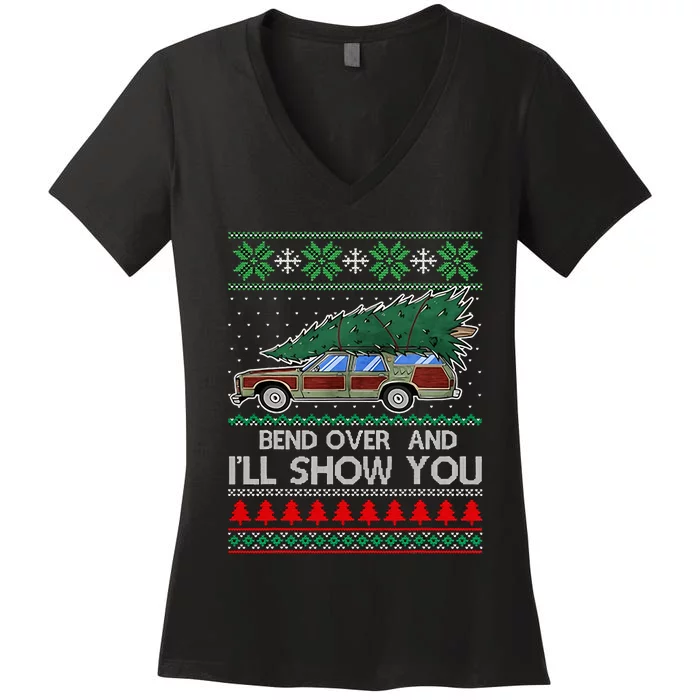 Bend Over and I'll Show You Christmas Couple Matching Family Women's V-Neck T-Shirt