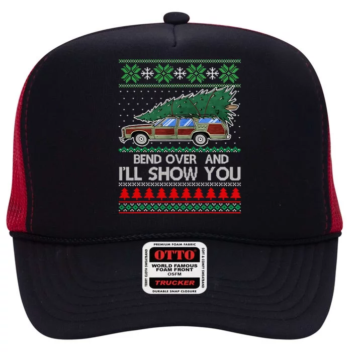 Bend Over and I'll Show You Christmas Couple Matching Family High Crown Mesh Trucker Hat