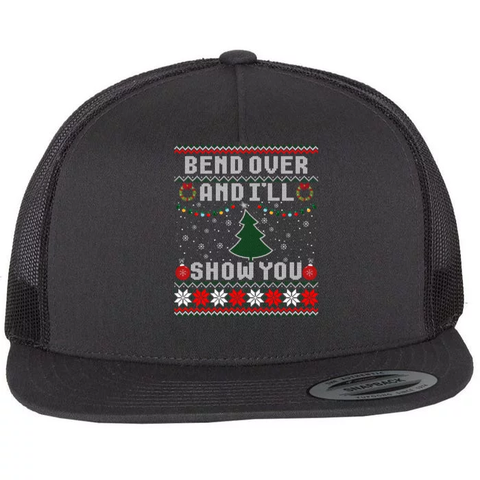 Bend Over And I'll Show You Christmas Tree Ugly Sweater Flat Bill Trucker Hat