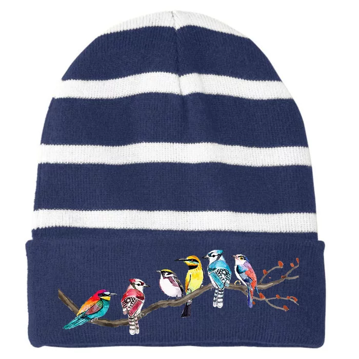 Birds On A Branch Birding Bird Watching Bird Watcher Striped Beanie with Solid Band