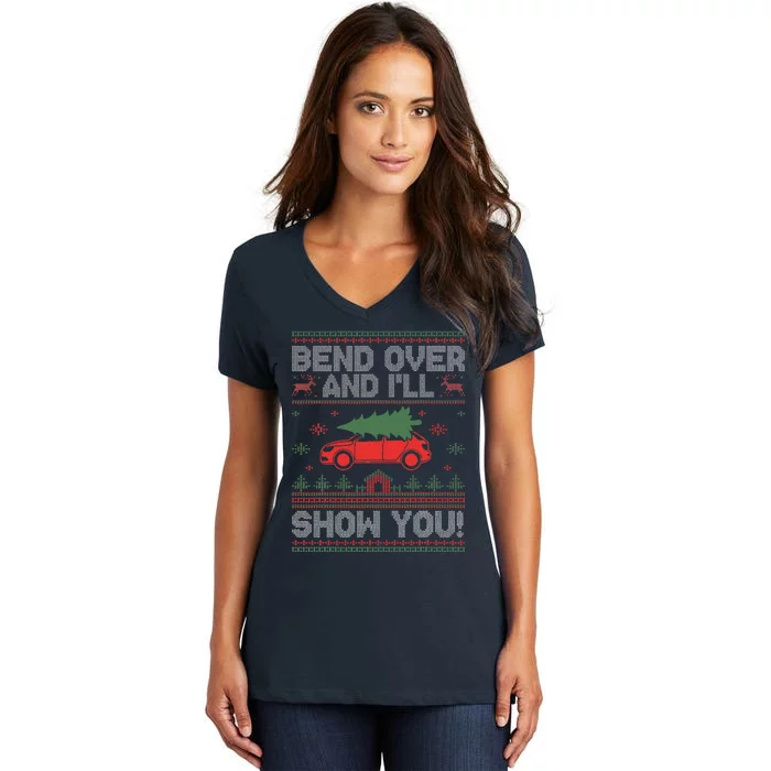 Bend Over And I'll Show You Ugly Christmas Couple Matching Women's V-Neck T-Shirt