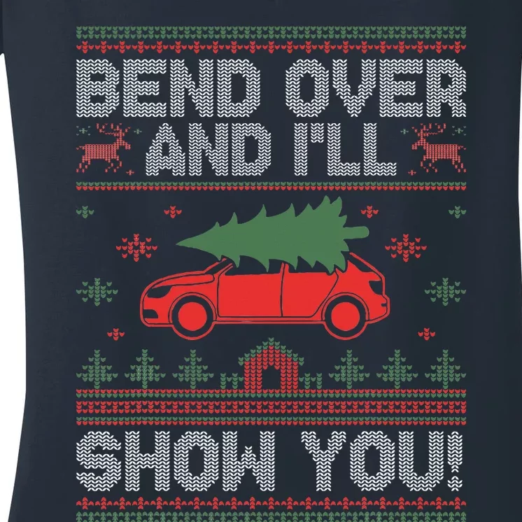 Bend Over And I'll Show You Ugly Christmas Couple Matching Women's V-Neck T-Shirt