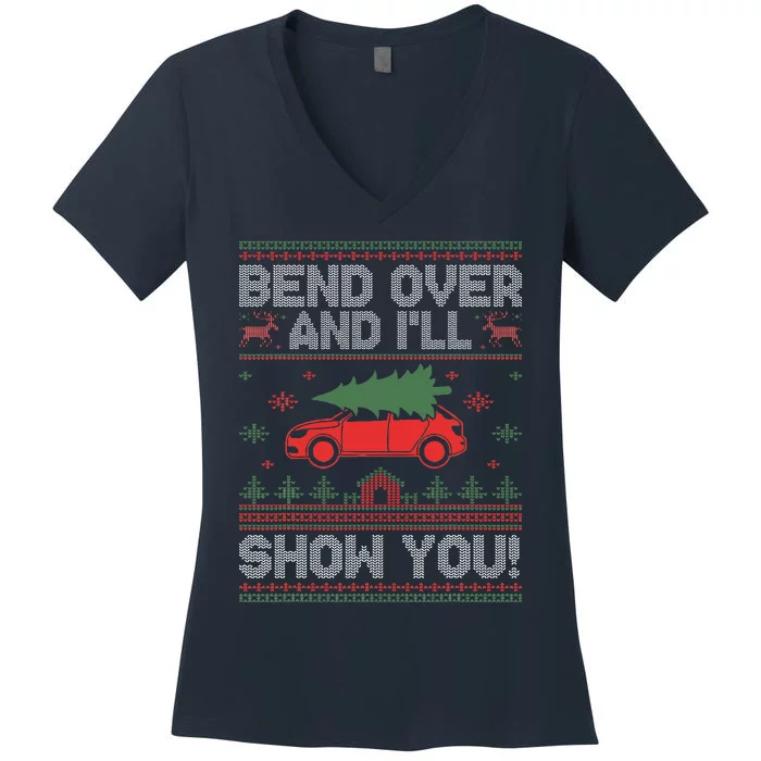 Bend Over And I'll Show You Ugly Christmas Couple Matching Women's V-Neck T-Shirt