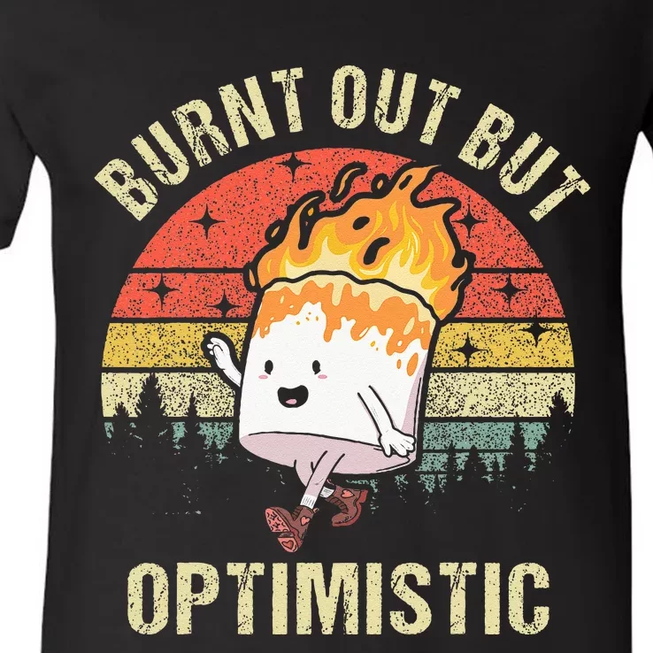 Burnt Out But Optimistic Funny Marshmallow For Camping Retro V-Neck T-Shirt