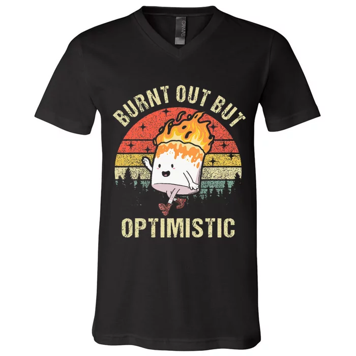 Burnt Out But Optimistic Funny Marshmallow For Camping Retro V-Neck T-Shirt