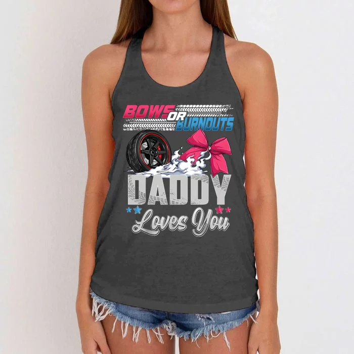 Burnouts Or Bows Gender Reveal Party Announcement Daddy Women's Knotted Racerback Tank