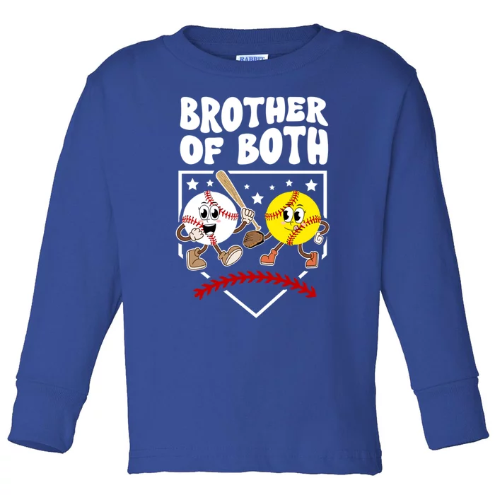 Brother Of Both Groovy Softball Baseball Brother Gift Toddler Long Sleeve Shirt