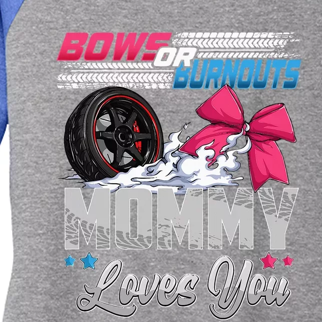 Burnouts Or Bows Gender Reveal Party Announcement Mommy Women's Tri-Blend 3/4-Sleeve Raglan Shirt