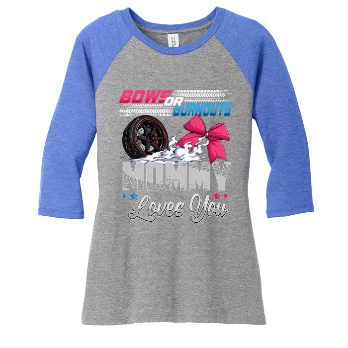 Burnouts Or Bows Gender Reveal Party Announcement Mommy Women's Tri-Blend 3/4-Sleeve Raglan Shirt