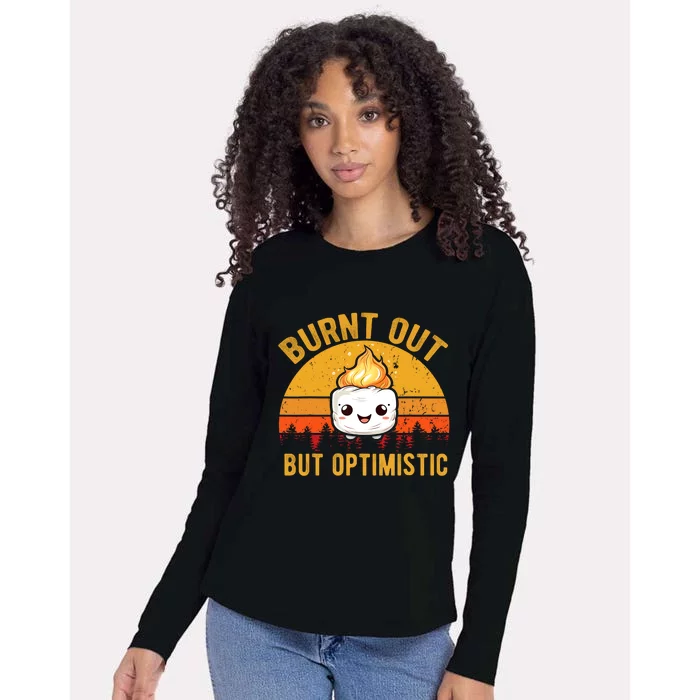 Burnt Out But Optimistic Cute Marshmallow Vintage Camping Womens Cotton Relaxed Long Sleeve T-Shirt