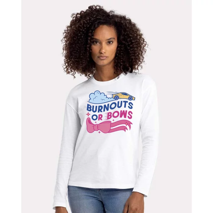 Burnouts Or Bows Gender Reveal Womens Cotton Relaxed Long Sleeve T-Shirt