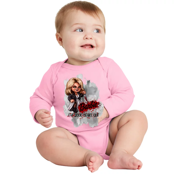 Bride Of Bar Bie Chucky Horror Movie Halloween Chucky Eat Your Heart Out Baby Long Sleeve Bodysuit