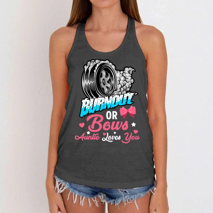 Burnout Or Bows Gender Reveal Baby Announcement Party Auntie Women's Knotted Racerback Tank