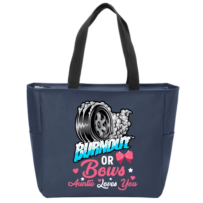 Burnout Or Bows Gender Reveal Baby Announcement Party Auntie Zip Tote Bag