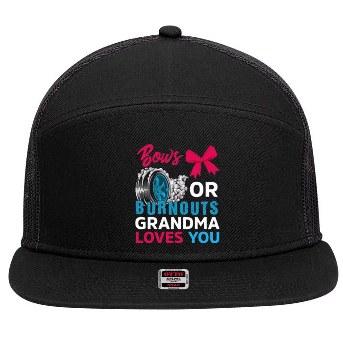 Burnouts or Bows Grandma loves you Gender Reveal party Baby 7 Panel Mesh Trucker Snapback Hat