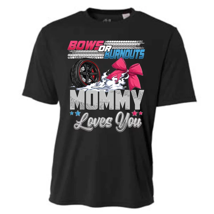 Burnouts Or Bows Gender Reveal Party Announcement Mommy Cooling Performance Crew T-Shirt