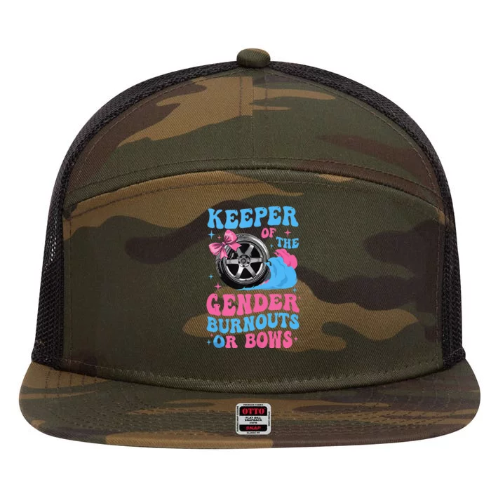 Burnouts Or Bows Funny Keeper Of Gender Baby Reveal Party 7 Panel Mesh Trucker Snapback Hat