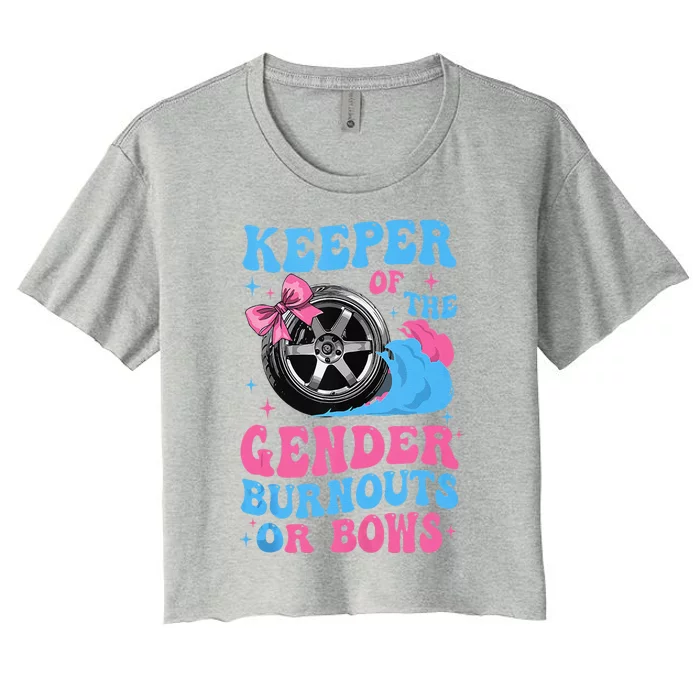 Burnouts Or Bows Funny Keeper Of Gender Baby Reveal Party Women's Crop Top Tee