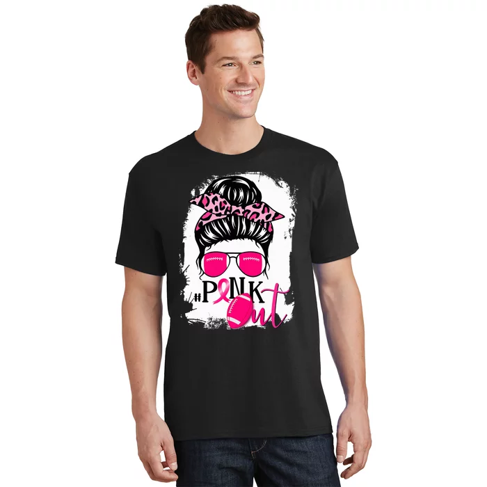 Bleached Out Football Mom Messy Bun Breast Cancer T-Shirt