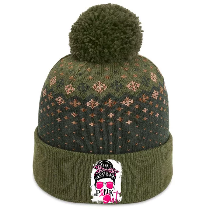 Bleached Out Football Mom Messy Bun Breast Cancer The Baniff Cuffed Pom Beanie