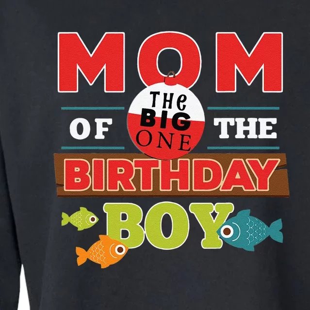 Big One Fishing Theme Mom Of The Birthday Cropped Pullover Crew