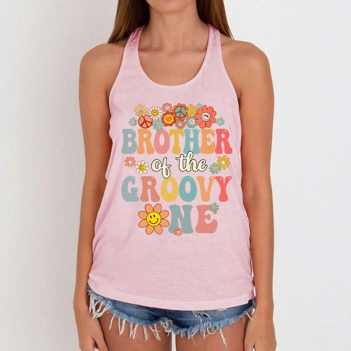 Brother Of Groovy One Matching Family 1st Birthday Party Women's Knotted Racerback Tank