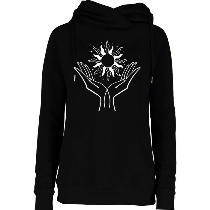 Boho Styled Hands Lifting Sun Spiritual Womens Funnel Neck Pullover Hood