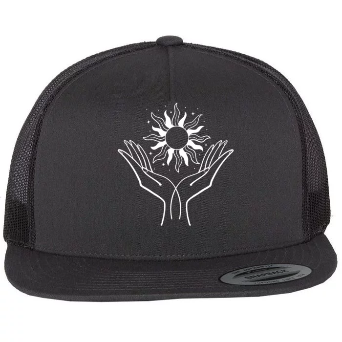 Boho Styled Hands Lifting Sun Spiritual Flat Bill Trucker Hat