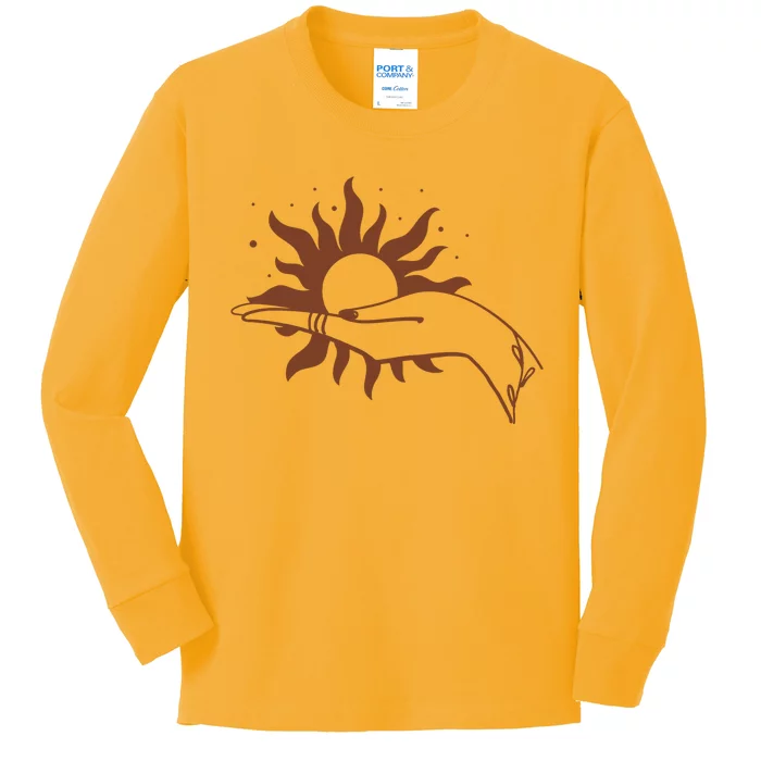 Boho Styled Open Palm Sun In Hand Kids Long Sleeve Shirt