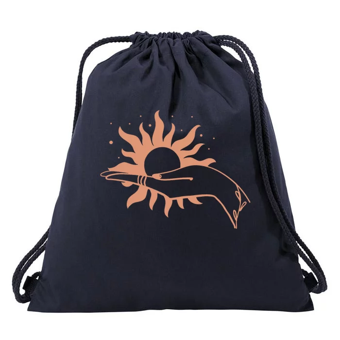 Boho Styled Open Palm Sun In Hand Drawstring Bag