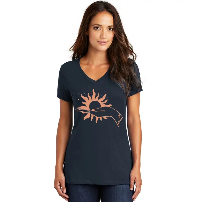 Boho Styled Open Palm Sun In Hand Women's V-Neck T-Shirt