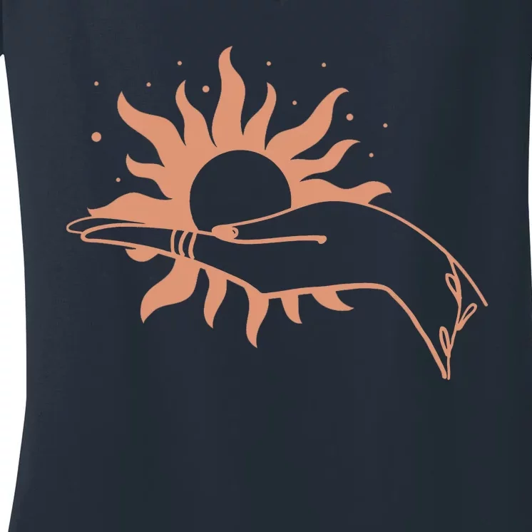 Boho Styled Open Palm Sun In Hand Women's V-Neck T-Shirt