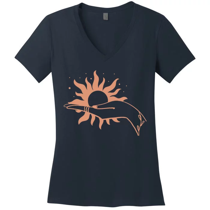 Boho Styled Open Palm Sun In Hand Women's V-Neck T-Shirt