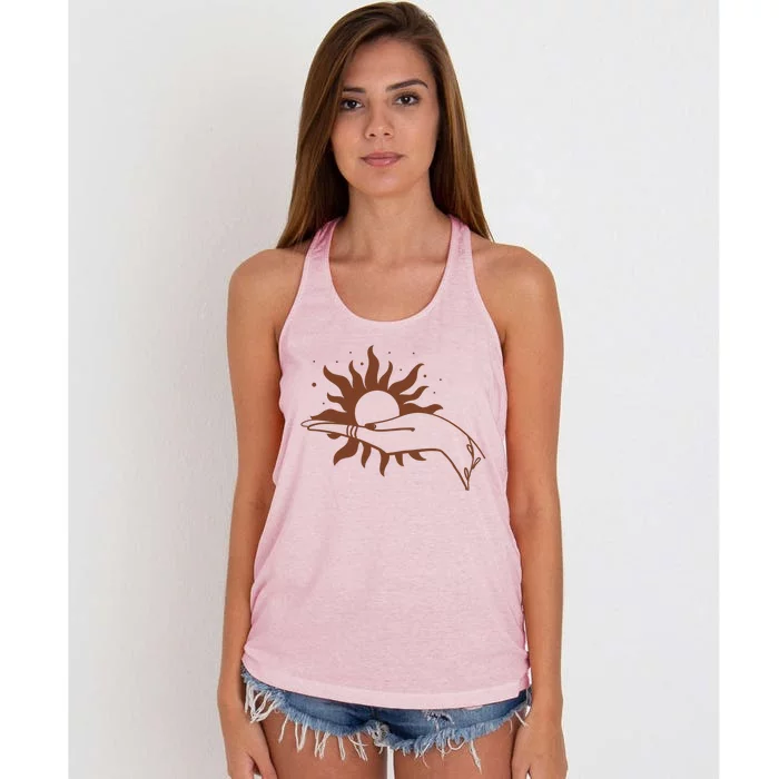 Boho Styled Open Palm Sun In Hand Women's Knotted Racerback Tank