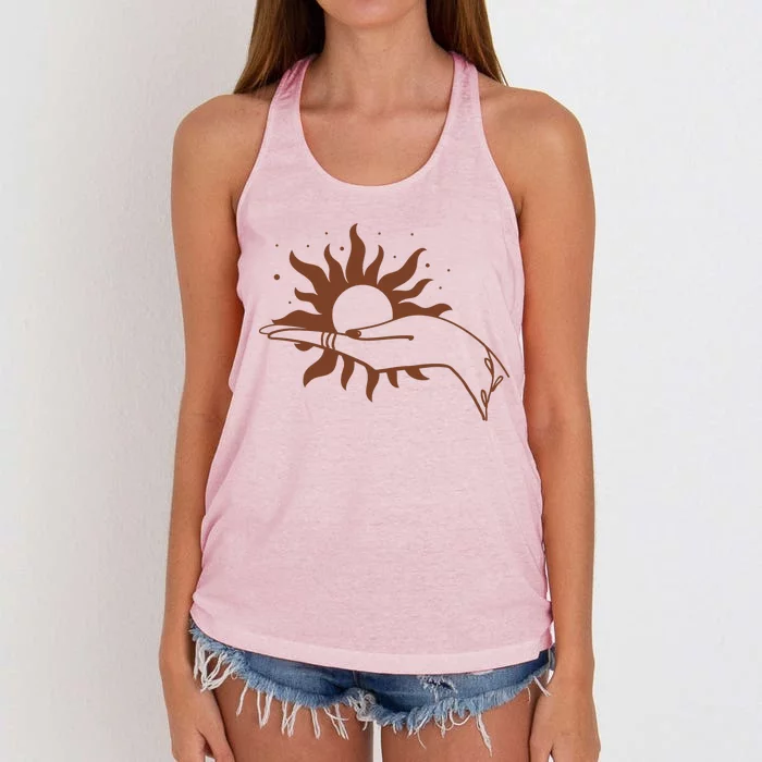 Boho Styled Open Palm Sun In Hand Women's Knotted Racerback Tank