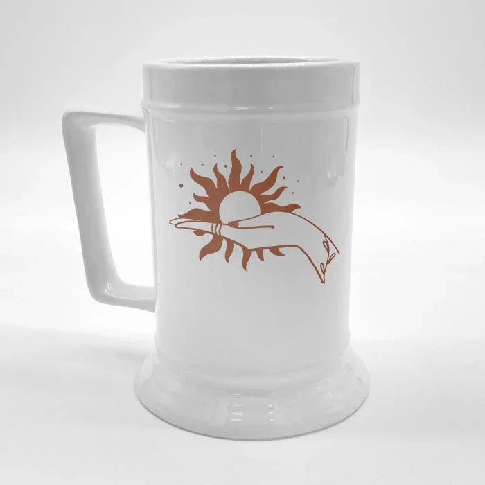 Boho Styled Open Palm Sun In Hand Front & Back Beer Stein