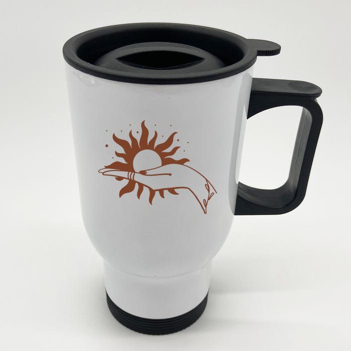 Boho Styled Open Palm Sun In Hand Front & Back Stainless Steel Travel Mug