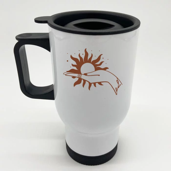 Boho Styled Open Palm Sun In Hand Front & Back Stainless Steel Travel Mug