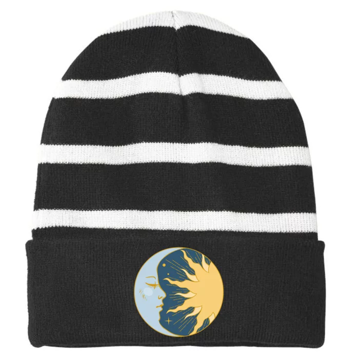 Boho Sun And Moon Striped Beanie with Solid Band