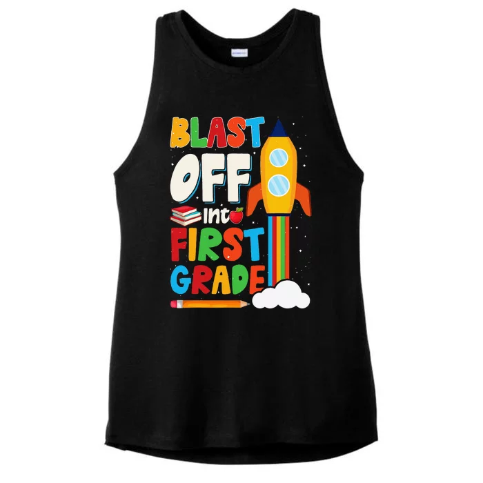 Blast Off Into 1st Grade First Day Of School Ladies Tri-Blend Wicking Tank