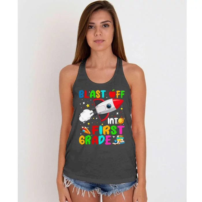 Blast Off Into First Grade Rocket Outer Space Back To School Women's Knotted Racerback Tank