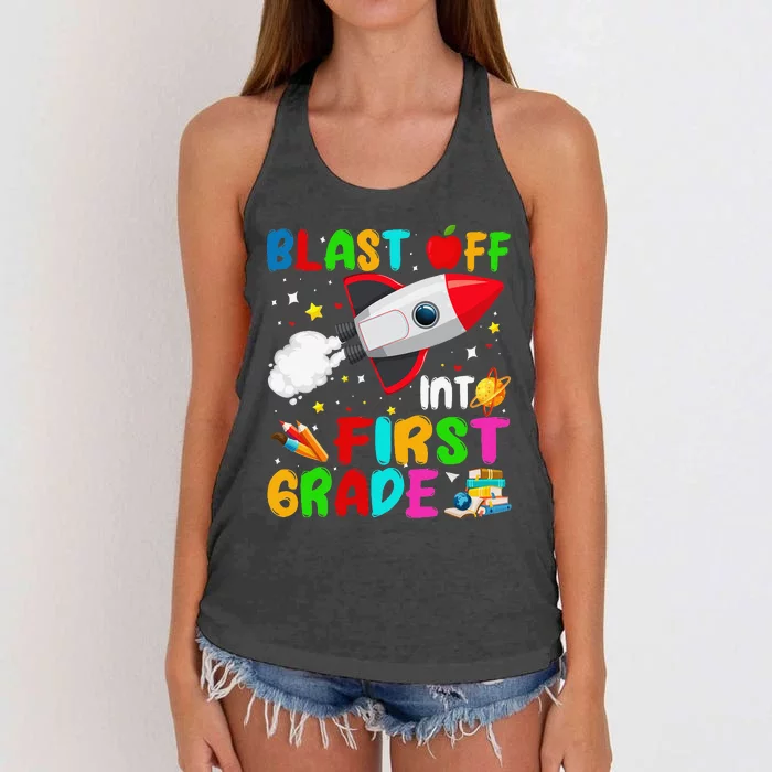 Blast Off Into First Grade Rocket Outer Space Back To School Women's Knotted Racerback Tank