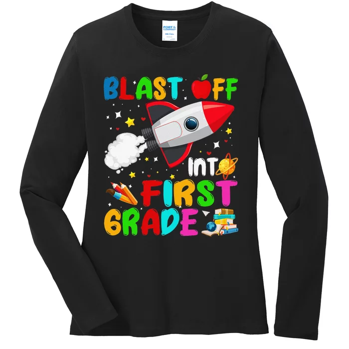 Blast Off Into First Grade Rocket Outer Space Back To School Ladies Long Sleeve Shirt