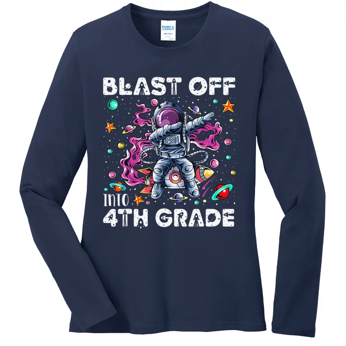 Blast Off Into 4th Grade First Day Of School Space Rocket Ladies Long Sleeve Shirt