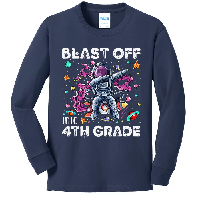 Blast Off Into 4th Grade First Day Of School Space Rocket Kids Long Sleeve Shirt