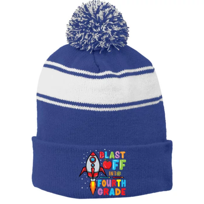 Blast Off Into 4Th Grade Gift Stripe Pom Pom Beanie