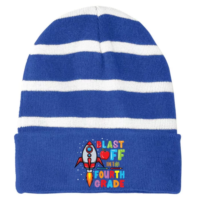 Blast Off Into 4Th Grade Gift Striped Beanie with Solid Band