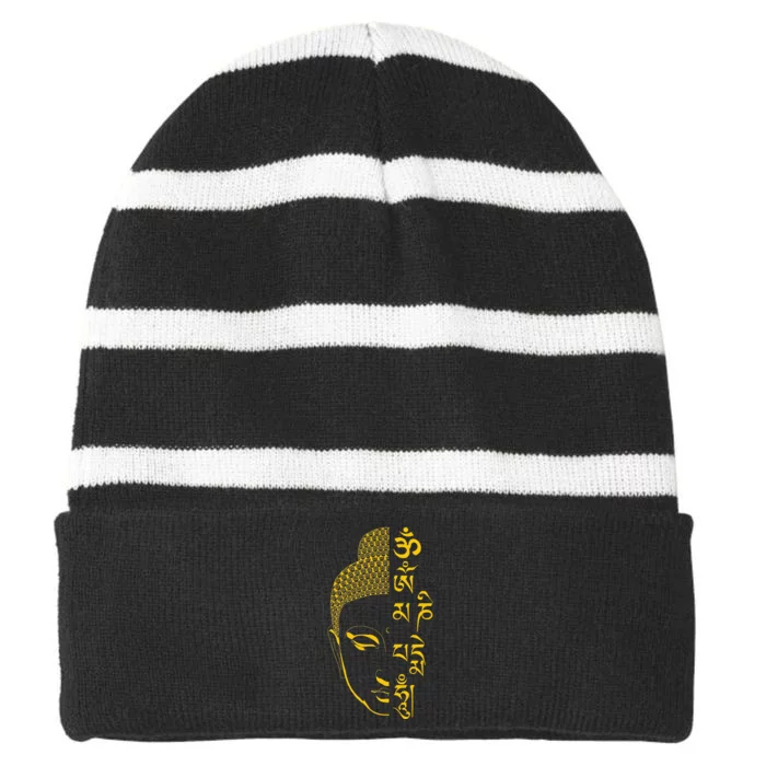 Buddha Om Mani Padme Hum Mantra Striped Beanie with Solid Band