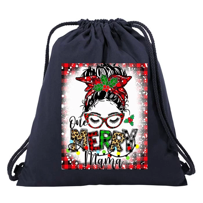 Bleached One Merry Mama Messy Bun Mama Christmas Drawstring Bag